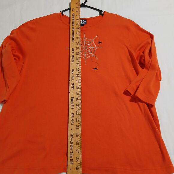 C.B Casual Plus 1X Pumpkin Colored Metallic Spider Web 3/4-Sleeve Knit Shirt - Picture 12 of 13